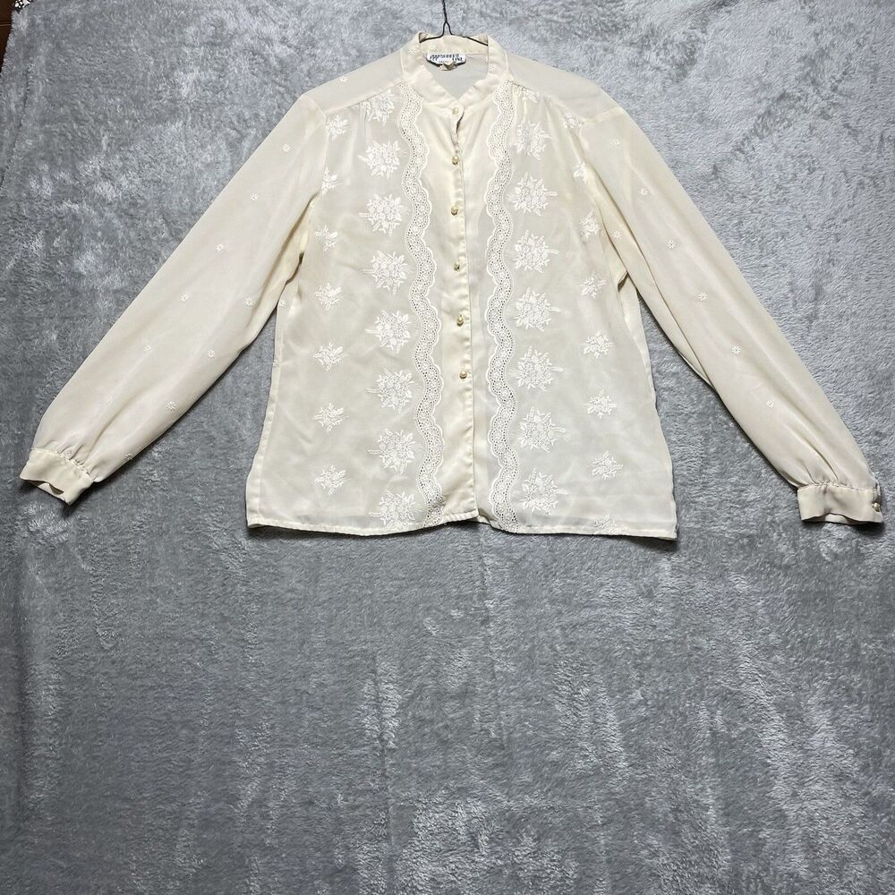 VTG Chorus Line Blouse Women's M* Cream Embroidery Sheer Lace Cottage Vintage